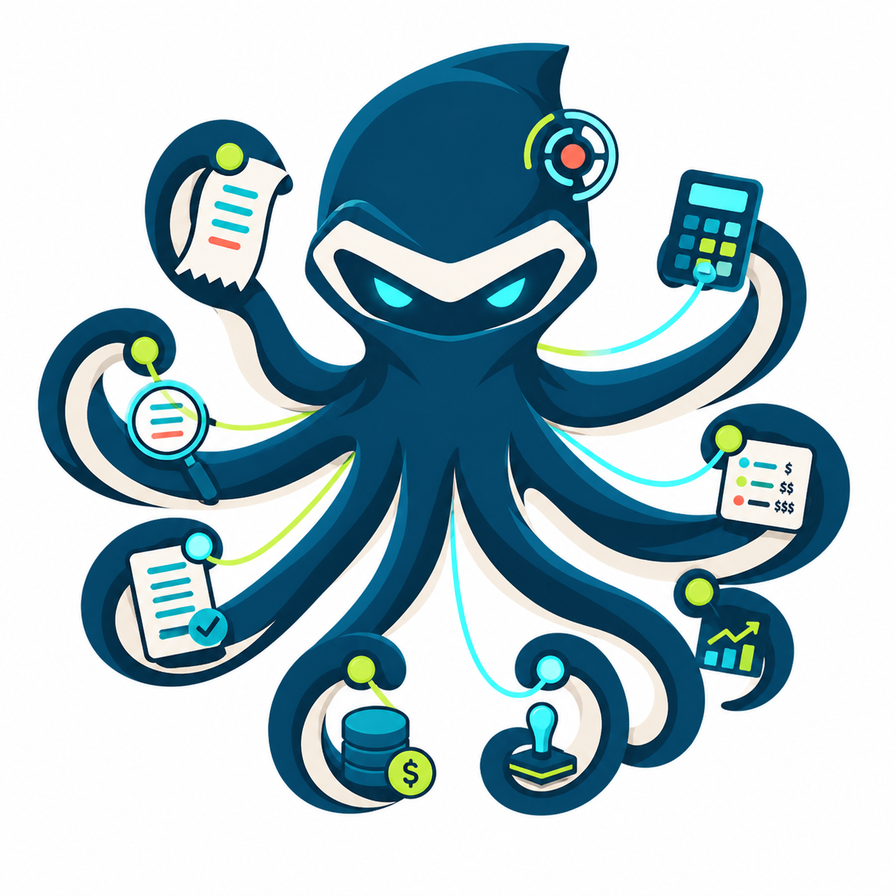 Billopus billing ninja mascot holding billing tools